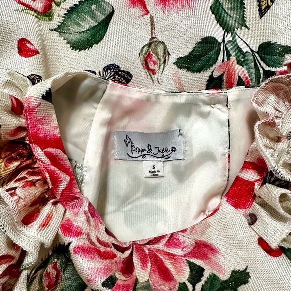 EUC Pippa & Julie cream sleeveless dress with pink roses, yellow butterflies. 5T - Picture 7 of 9
